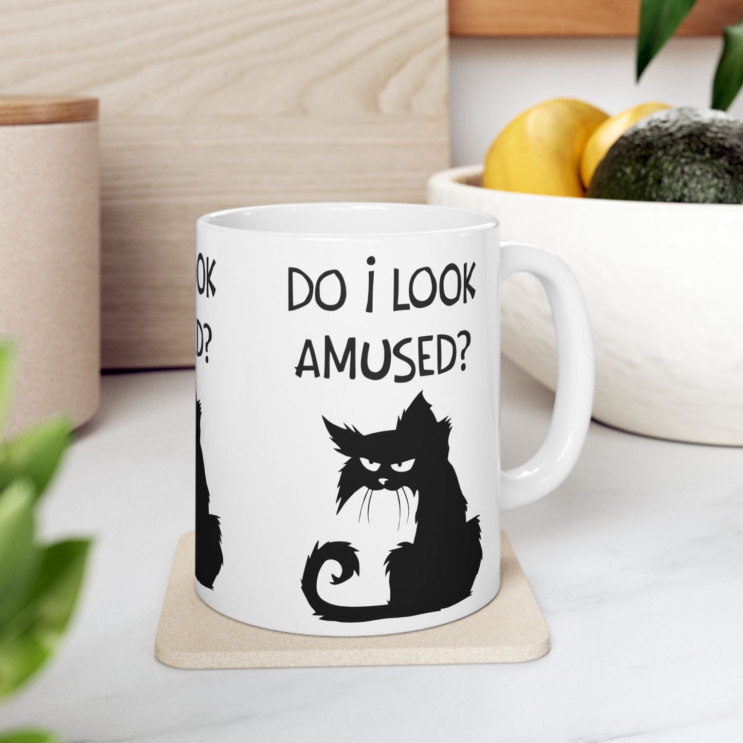Ceramic Mug — "Do I Look Amused?" Grumpy Black Cat Coffee Mug (11oz, 15oz)