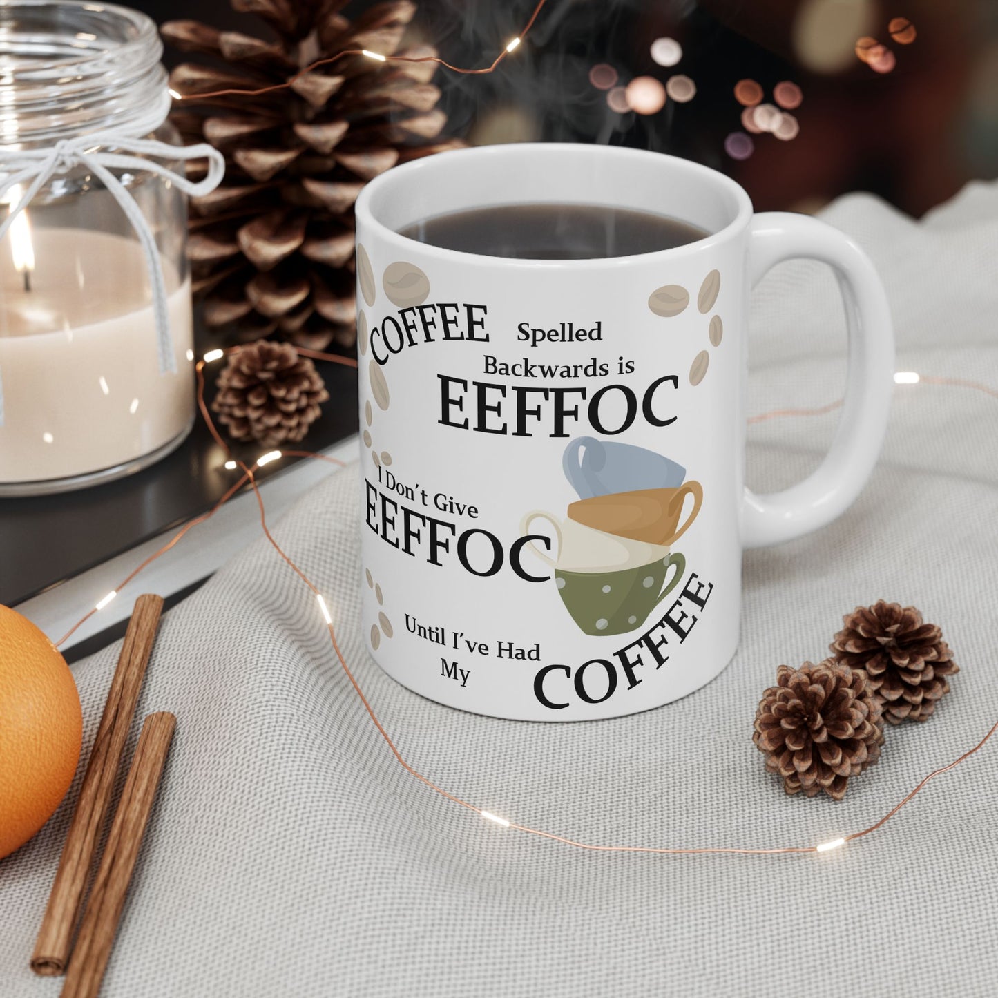 Coffee Mug — "EEFFOC" Stackable Cups Funny Coffee Lover Ceramic Mug (11oz/15oz)
