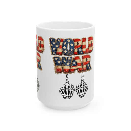 World War 11 Mug – Patriotic Distressed Flag Text with Skeletal Middle Finger Coffee Cup