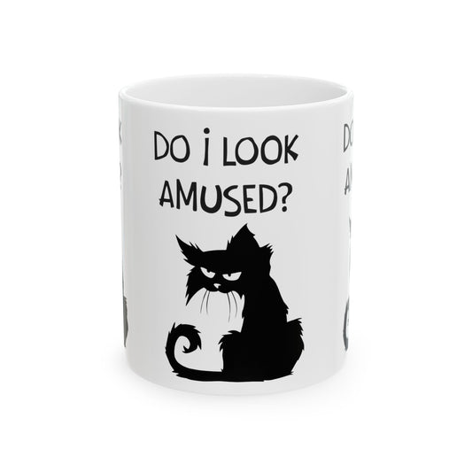 Ceramic Mug — "Do I Look Amused?" Grumpy Black Cat Coffee Mug (11oz, 15oz)