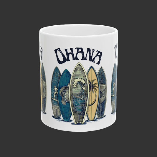 Ohana Surfboard Ceramic Mug - Hawaiian Beach Coffee Cup (11oz/15oz)