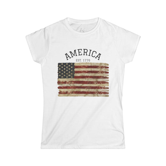 America Flag Women's Tee – Vintage 'America Est. 1776' Patriotic T-Shirt