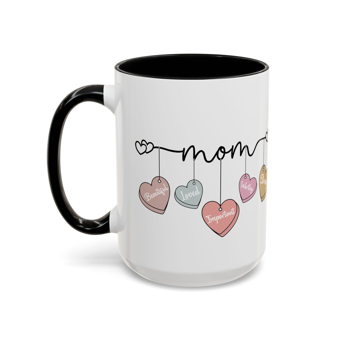 Mother’s Day Heart Charms Accent Coffee Mug — 'Mom' with Loving Words (11/15oz)