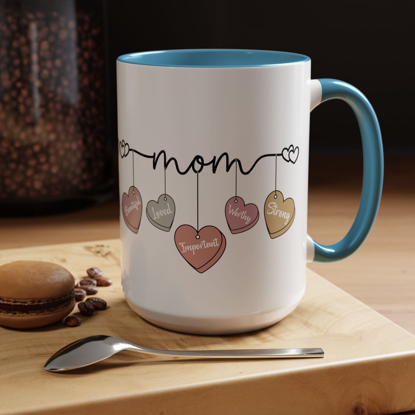 Mother’s Day Heart Charms Accent Coffee Mug — 'Mom' with Loving Words (11/15oz)