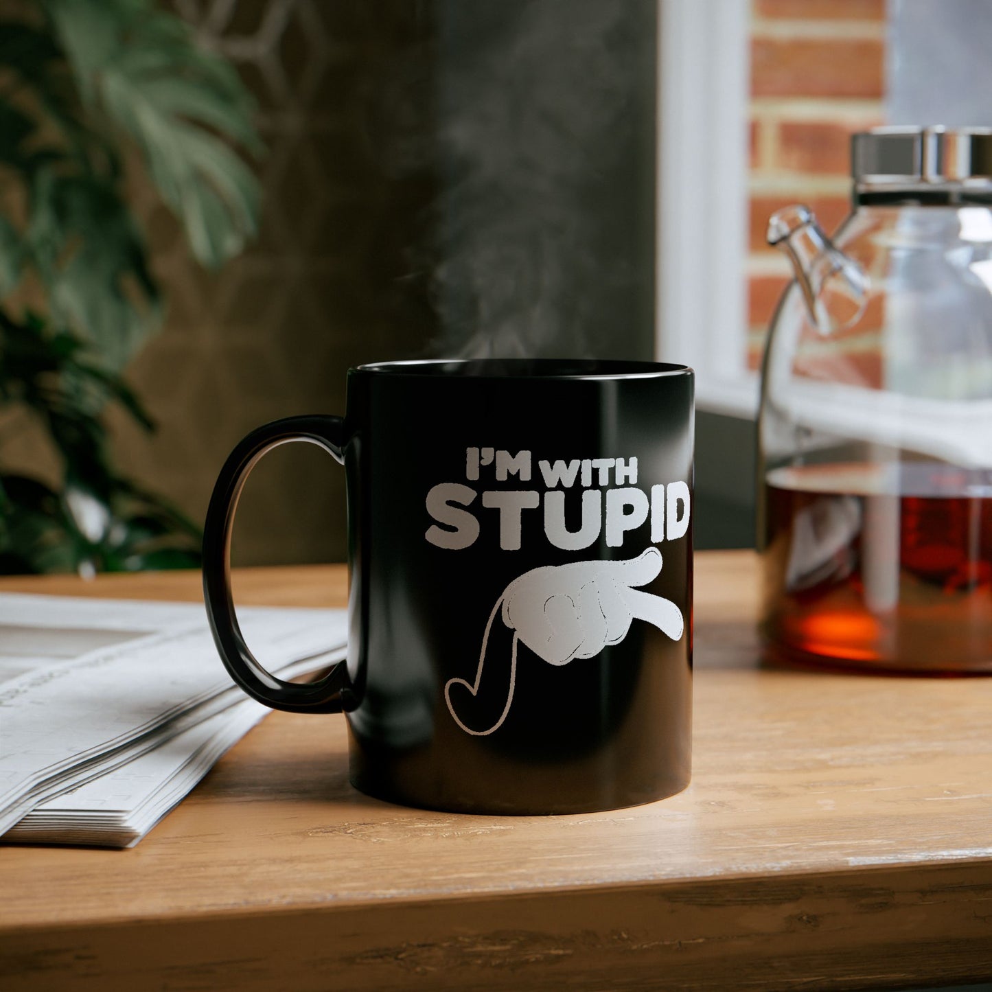 Black Mug — "I'm with Stupid" White Retro Script Coffee Mug