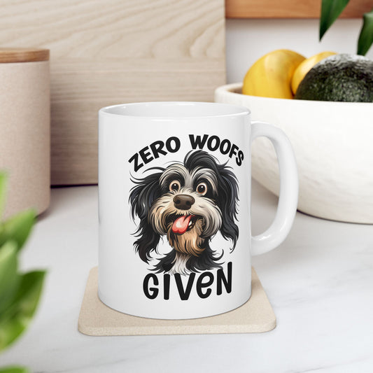 Ceramic Mug — "Zero Woofs Given" Funny Coffee Mug with Sarcastic Portrait (11oz, 15oz)