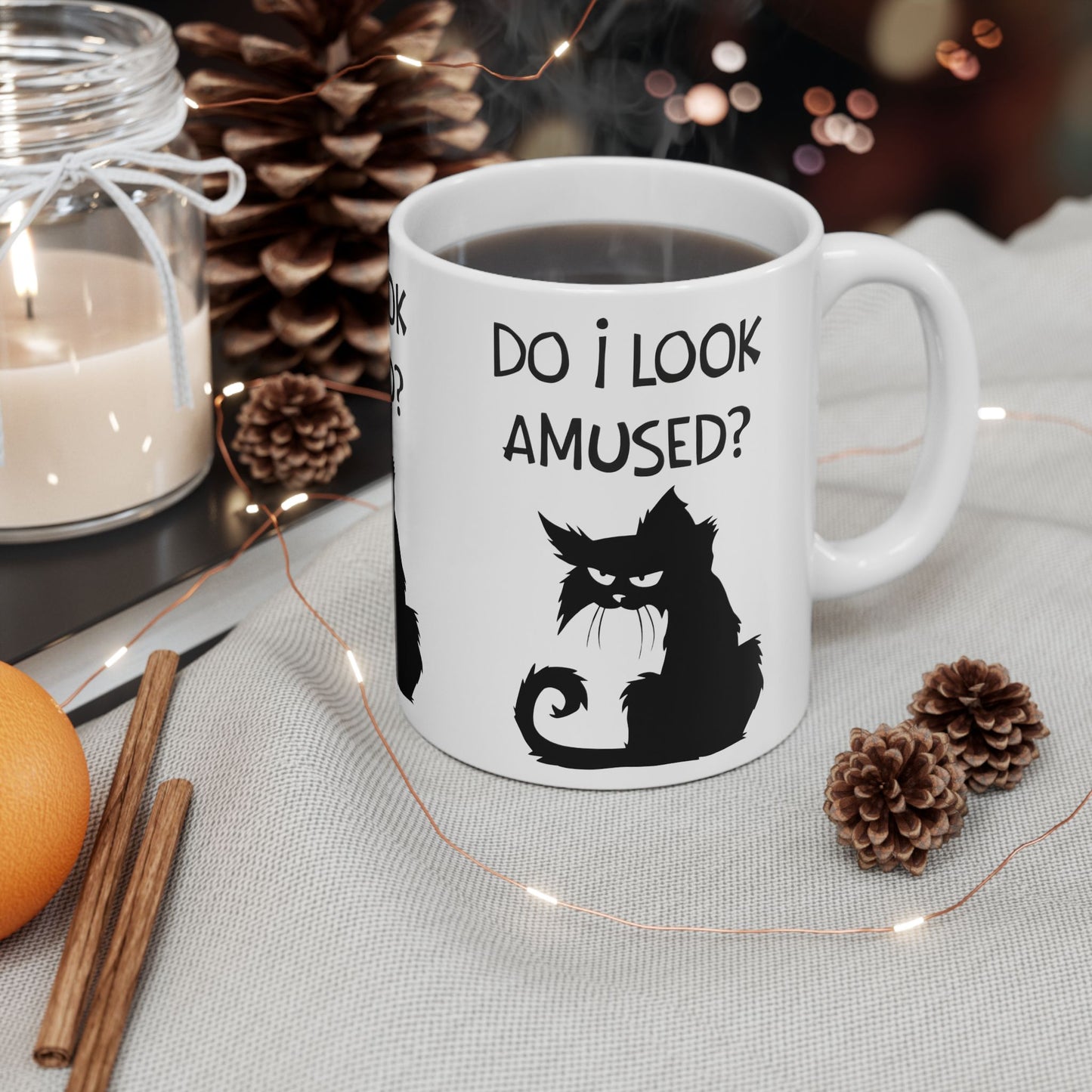 Ceramic Mug — "Do I Look Amused?" Grumpy Black Cat Coffee Mug (11oz, 15oz)