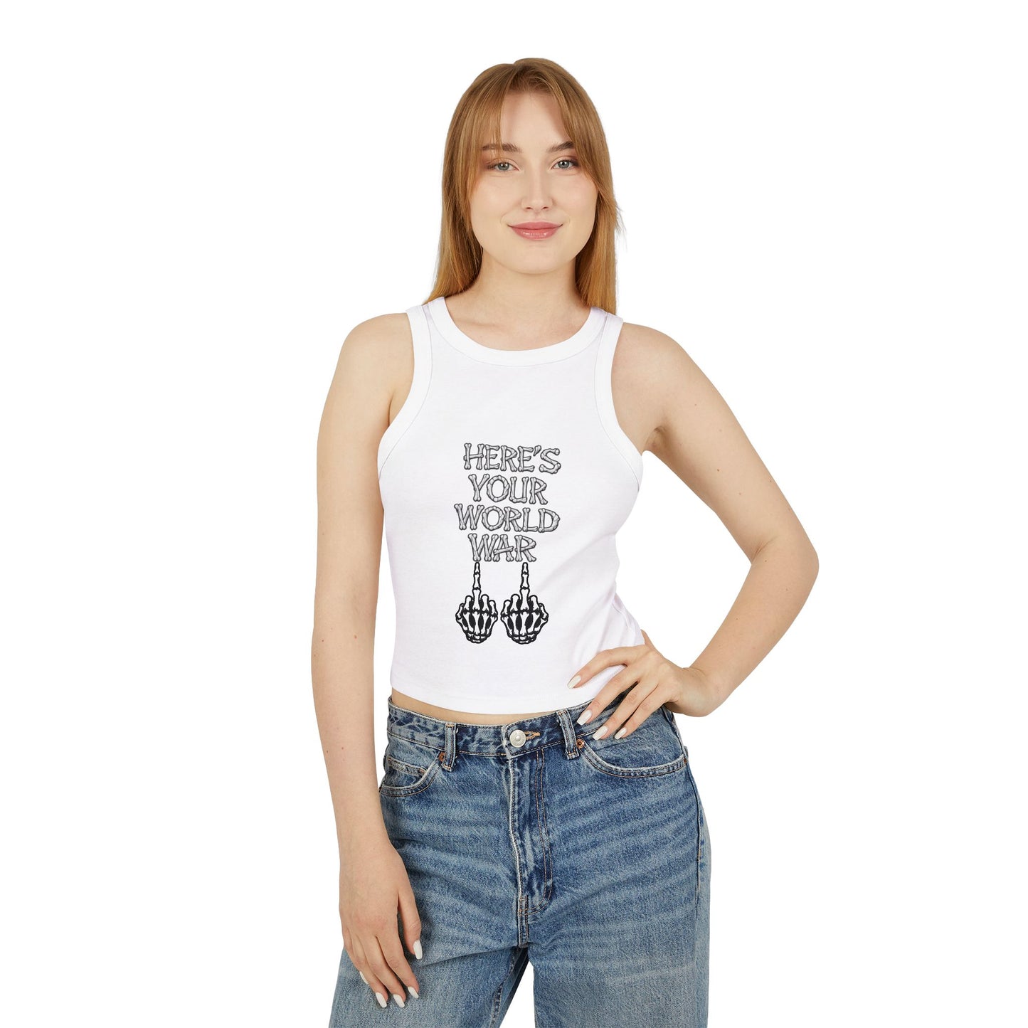 Racer Tank – “Here’s Your World War” Graphic Crop Tank
