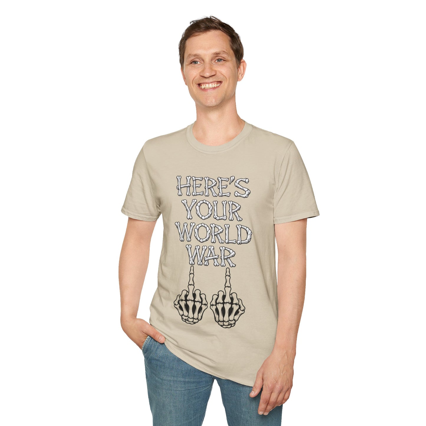 Here's Your World War T-Shirt — Edgy Skeleton Middle Finger Graphic Tee