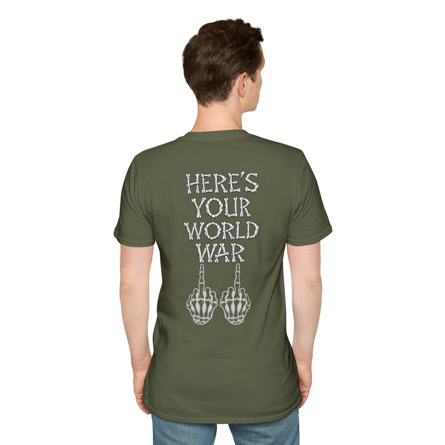 Here's Your World War T-Shirt — Edgy Skeleton Middle Finger Graphic Tee Backside Print