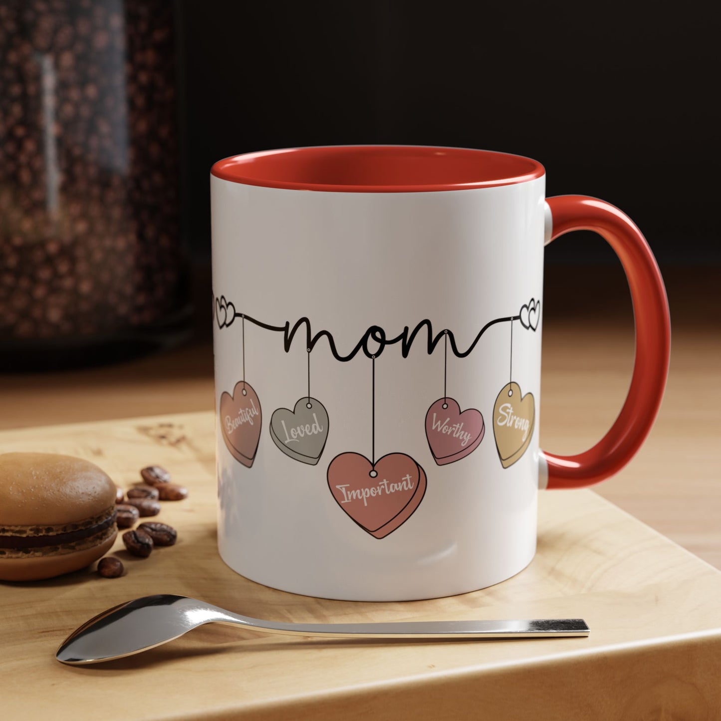 Mother’s Day Heart Charms Accent Coffee Mug — 'Mom' with Loving Words (11/15oz)