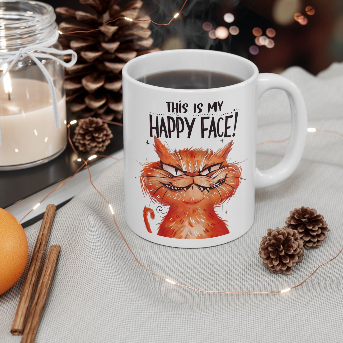 Cat Lover Ceramic Mug —  "This is My Happy Face" Coffee (11oz, 15oz)