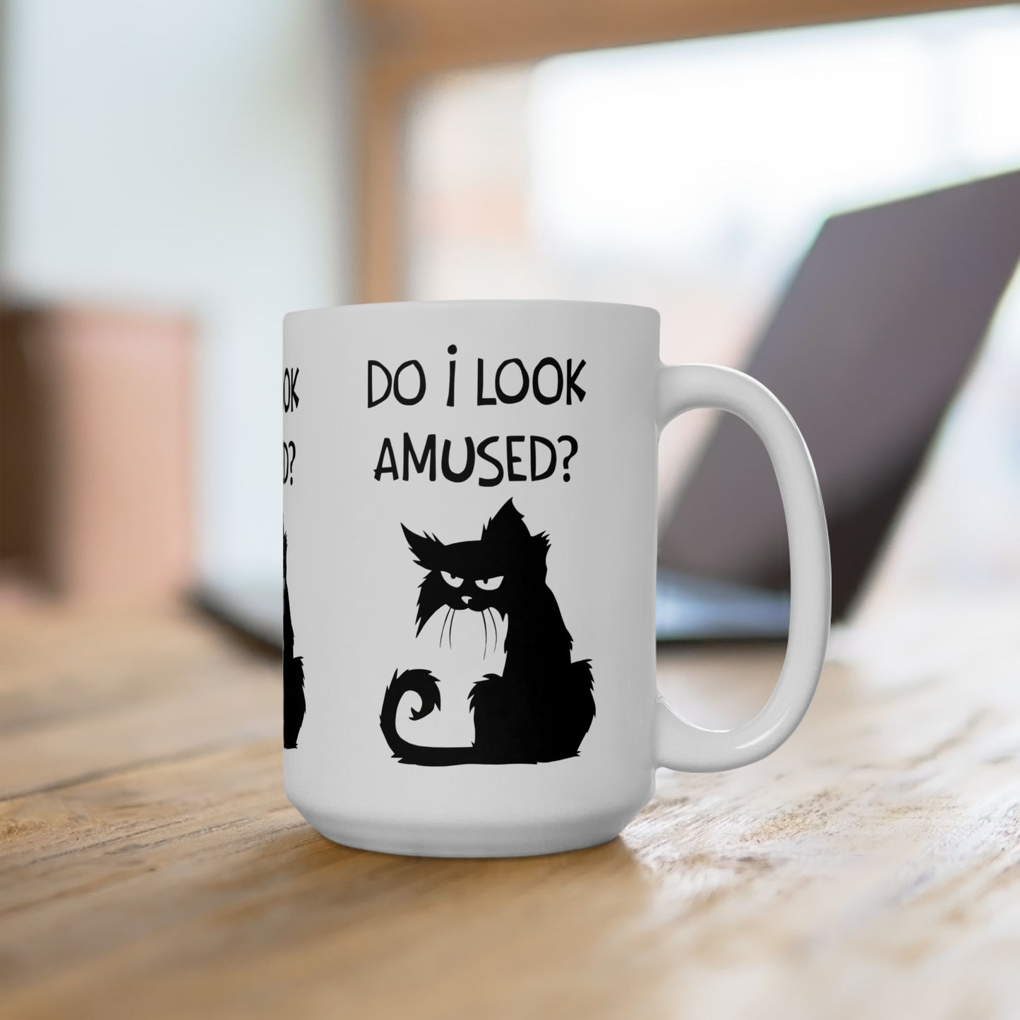 Ceramic Mug — "Do I Look Amused?" Grumpy Black Cat Coffee Mug (11oz, 15oz)