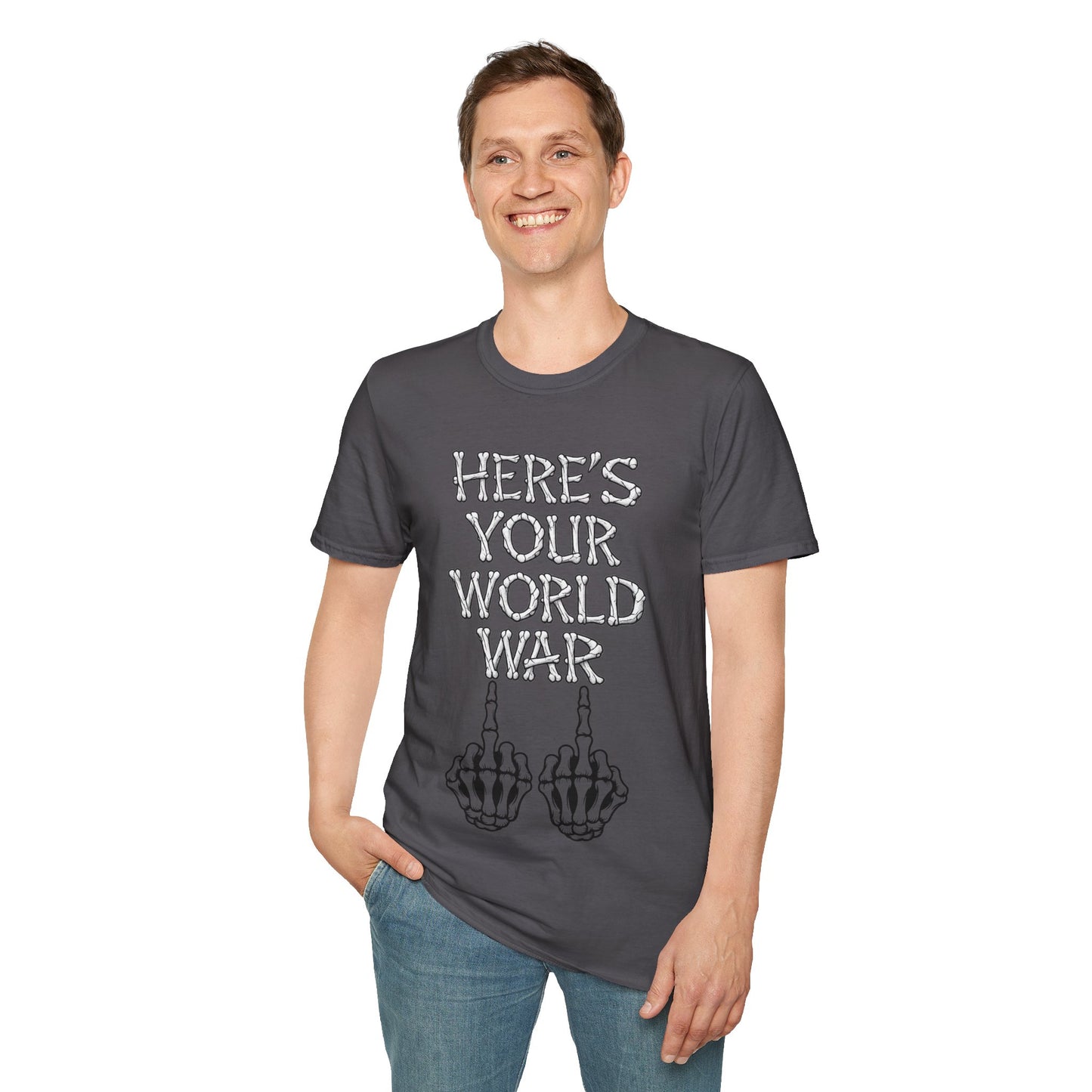 Here's Your World War T-Shirt — Edgy Skeleton Middle Finger Graphic Tee