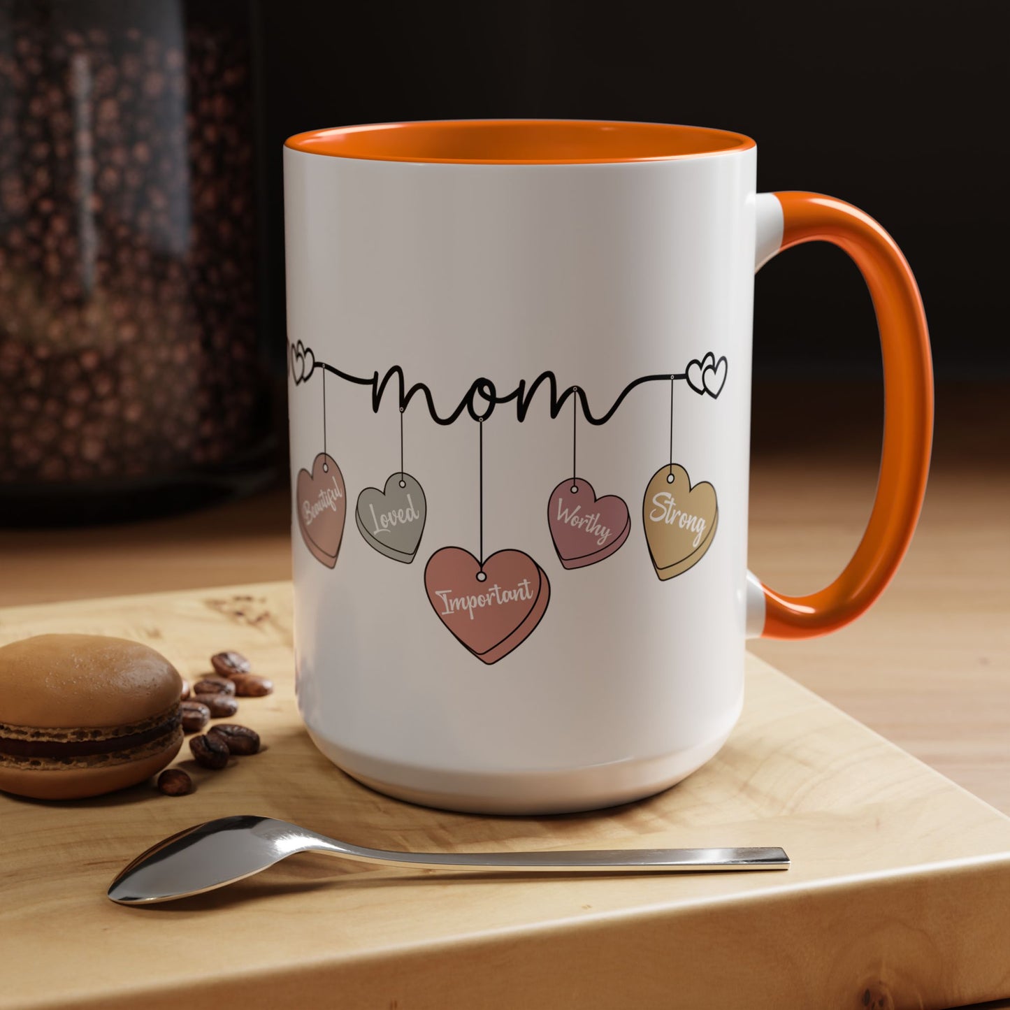 Mother’s Day Heart Charms Accent Coffee Mug — 'Mom' with Loving Words (11/15oz)