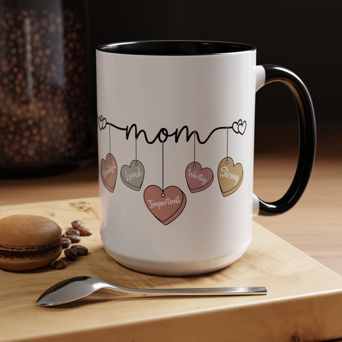 Mother’s Day Heart Charms Accent Coffee Mug — 'Mom' with Loving Words (11/15oz)