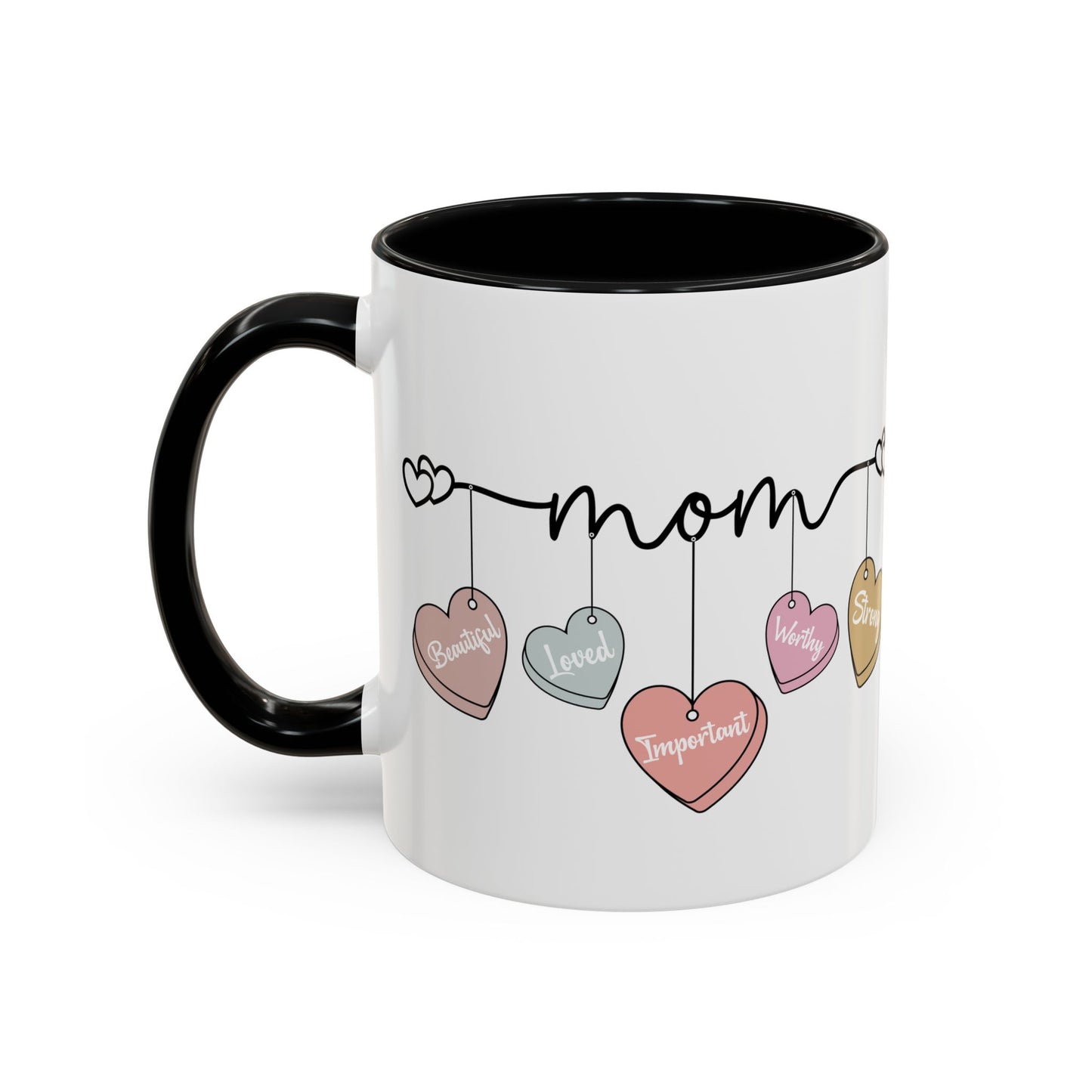 Mother’s Day Heart Charms Accent Coffee Mug — 'Mom' with Loving Words (11/15oz)