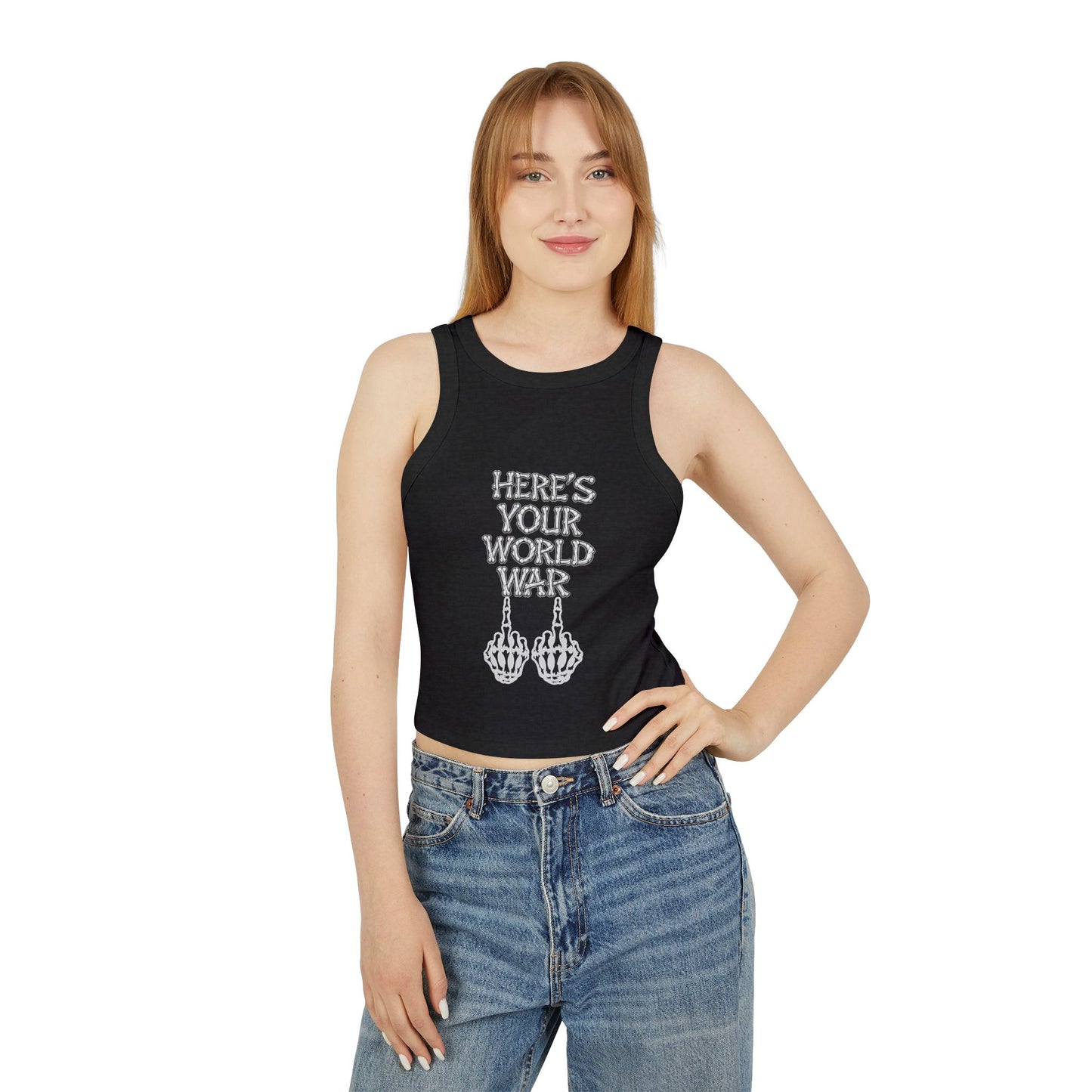 Racer Tank – “Here’s Your World War” Graphic Crop Tank