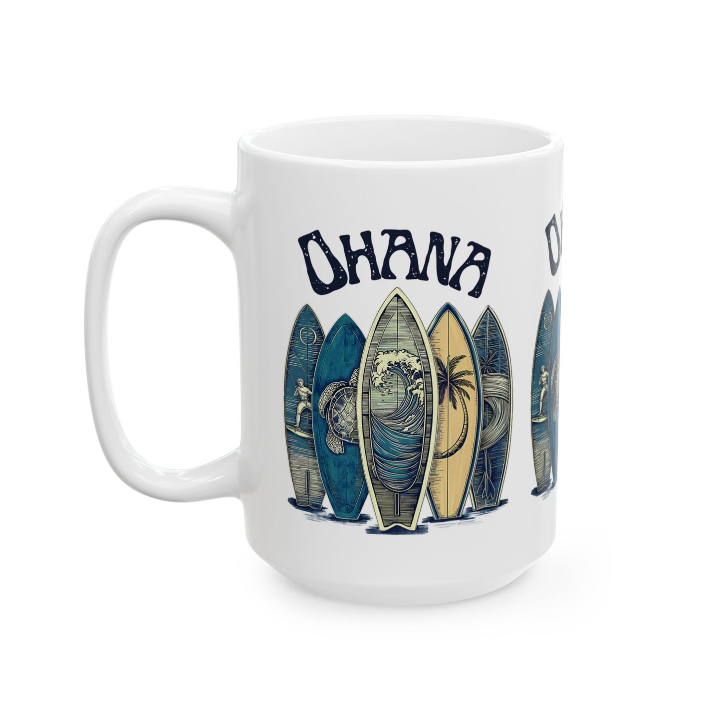 Ohana Surfboard Ceramic Mug - Hawaiian Beach Coffee Cup (11oz/15oz)