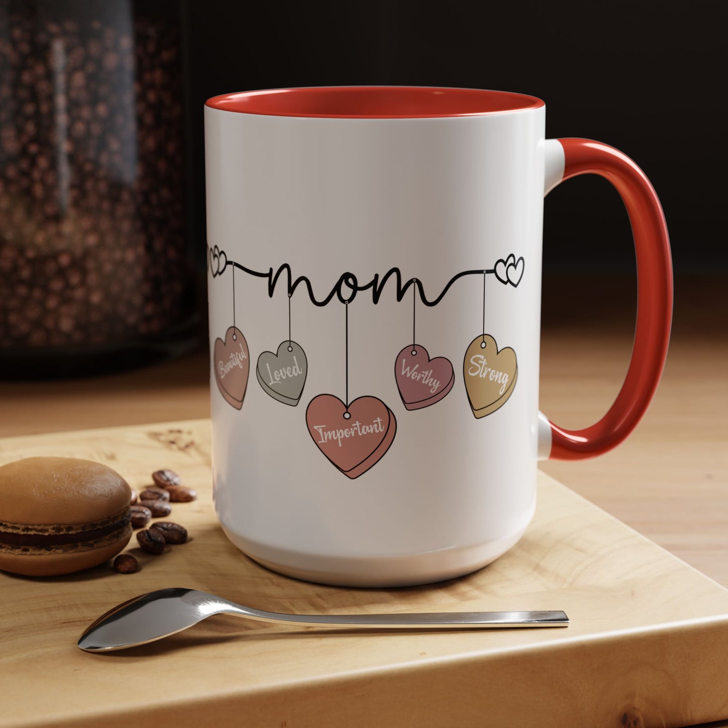 Mother’s Day Heart Charms Accent Coffee Mug — 'Mom' with Loving Words (11/15oz)