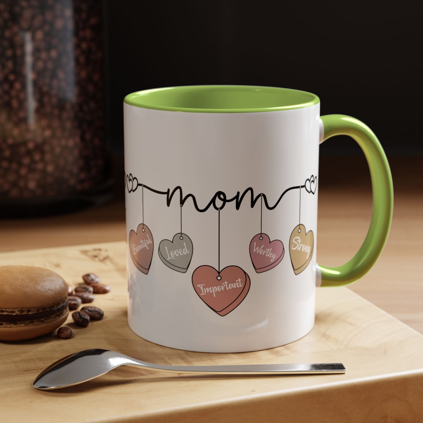 Mother’s Day Heart Charms Accent Coffee Mug — 'Mom' with Loving Words (11/15oz)