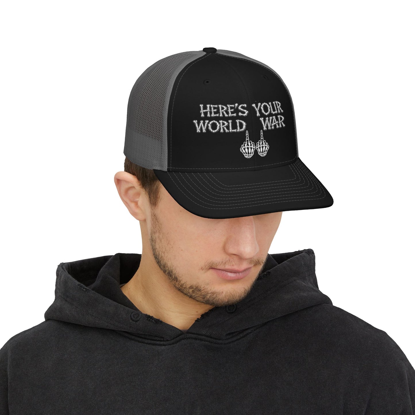 Trucker Cap — "Here’s Your World War 11" Bold Graphic Mesh Snapback