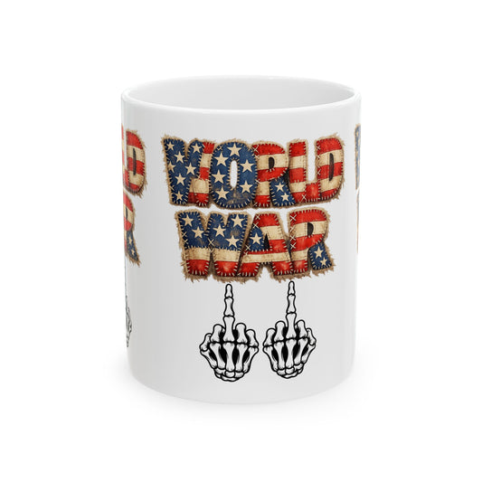 World War 11 Mug – Patriotic Distressed Flag Text with Skeletal Middle Finger Coffee Cup