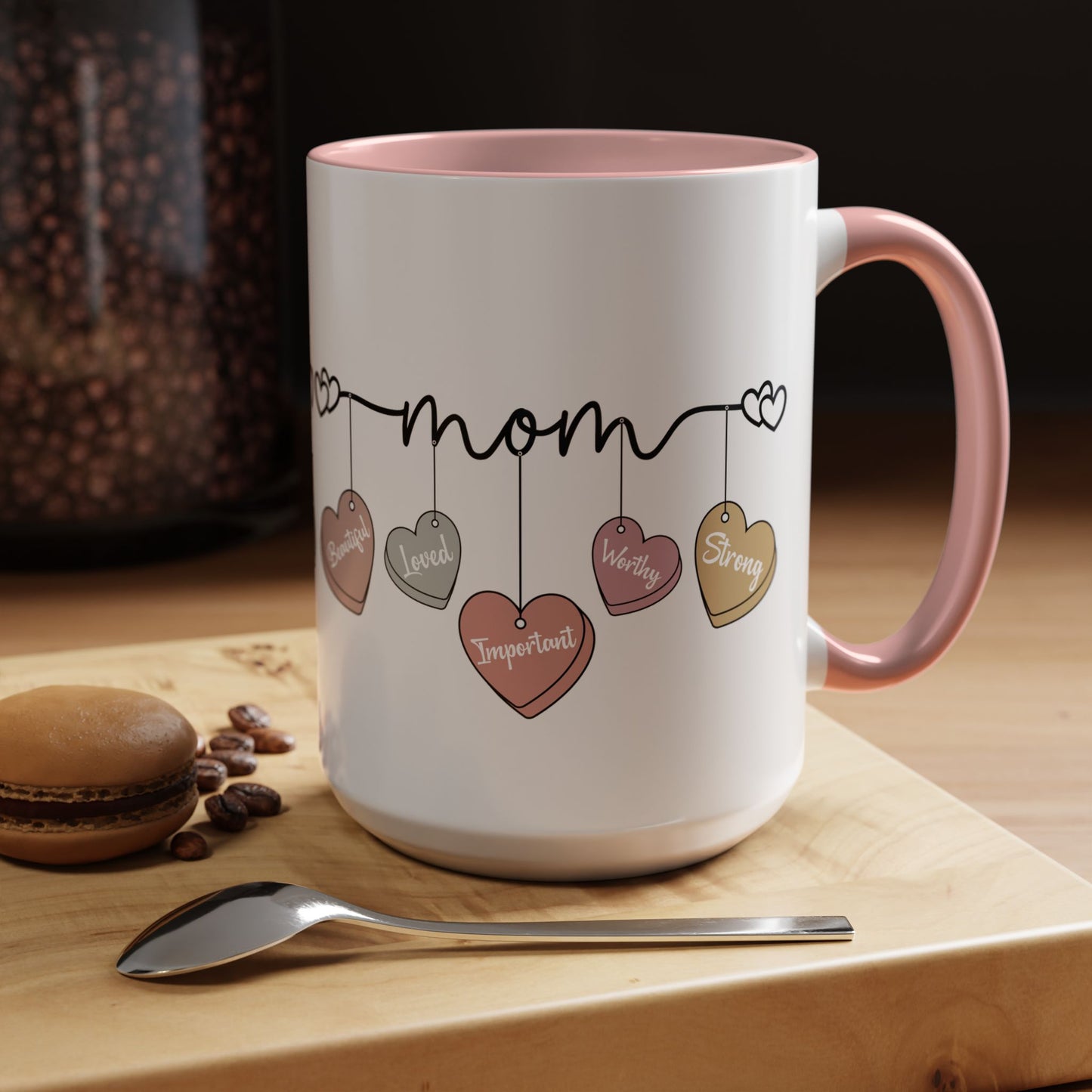 Mother’s Day Heart Charms Accent Coffee Mug — 'Mom' with Loving Words (11/15oz)