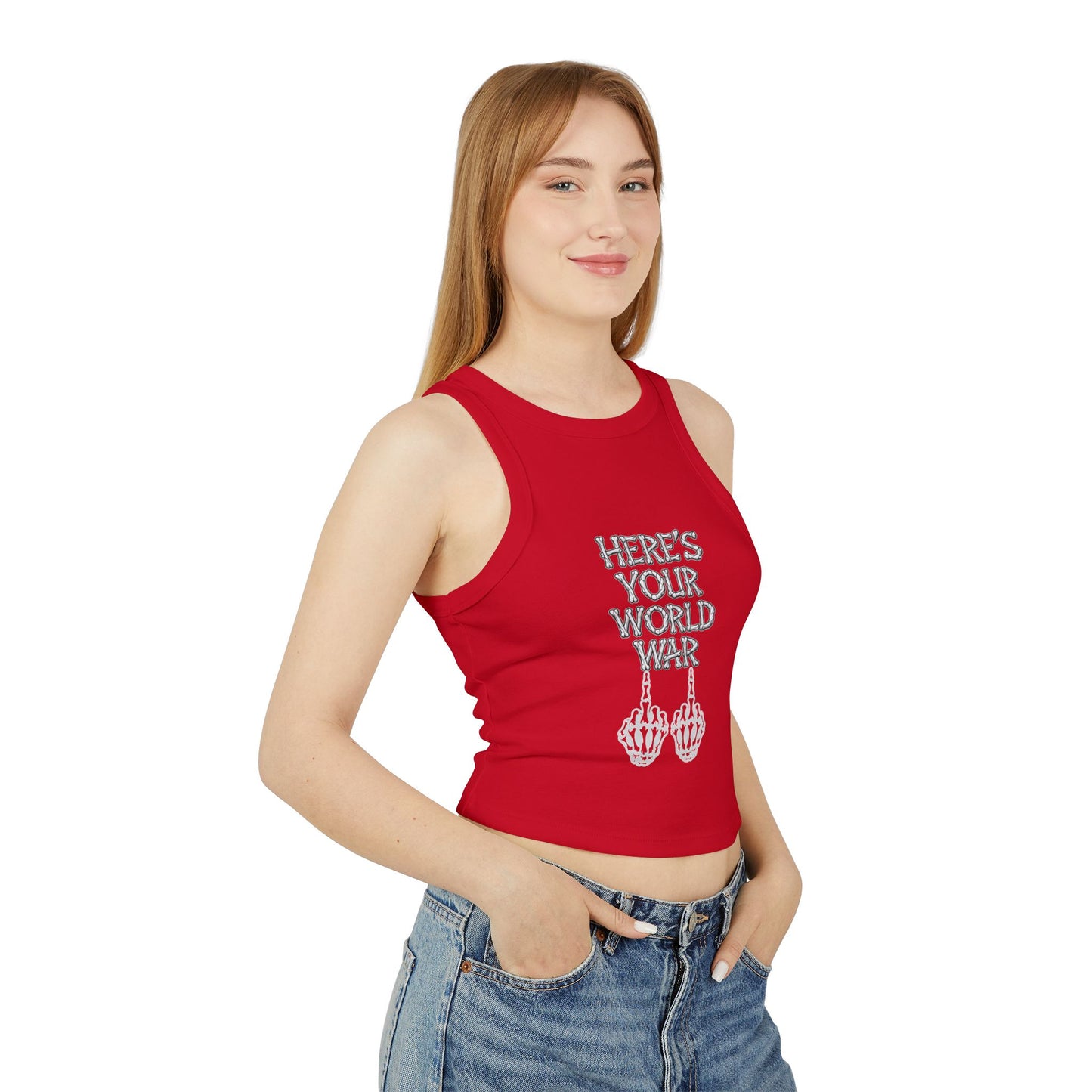 Racer Tank – “Here’s Your World War” Graphic Crop Tank