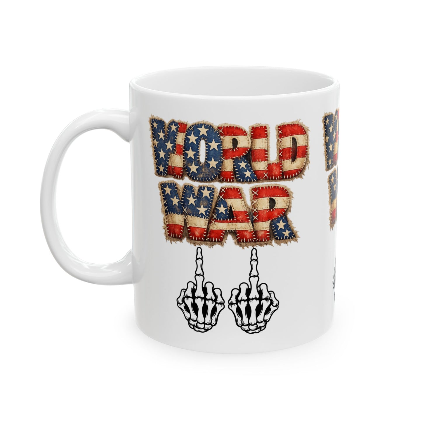 World War 11 Mug – Patriotic Distressed Flag Text with Skeletal Middle Finger Coffee Cup