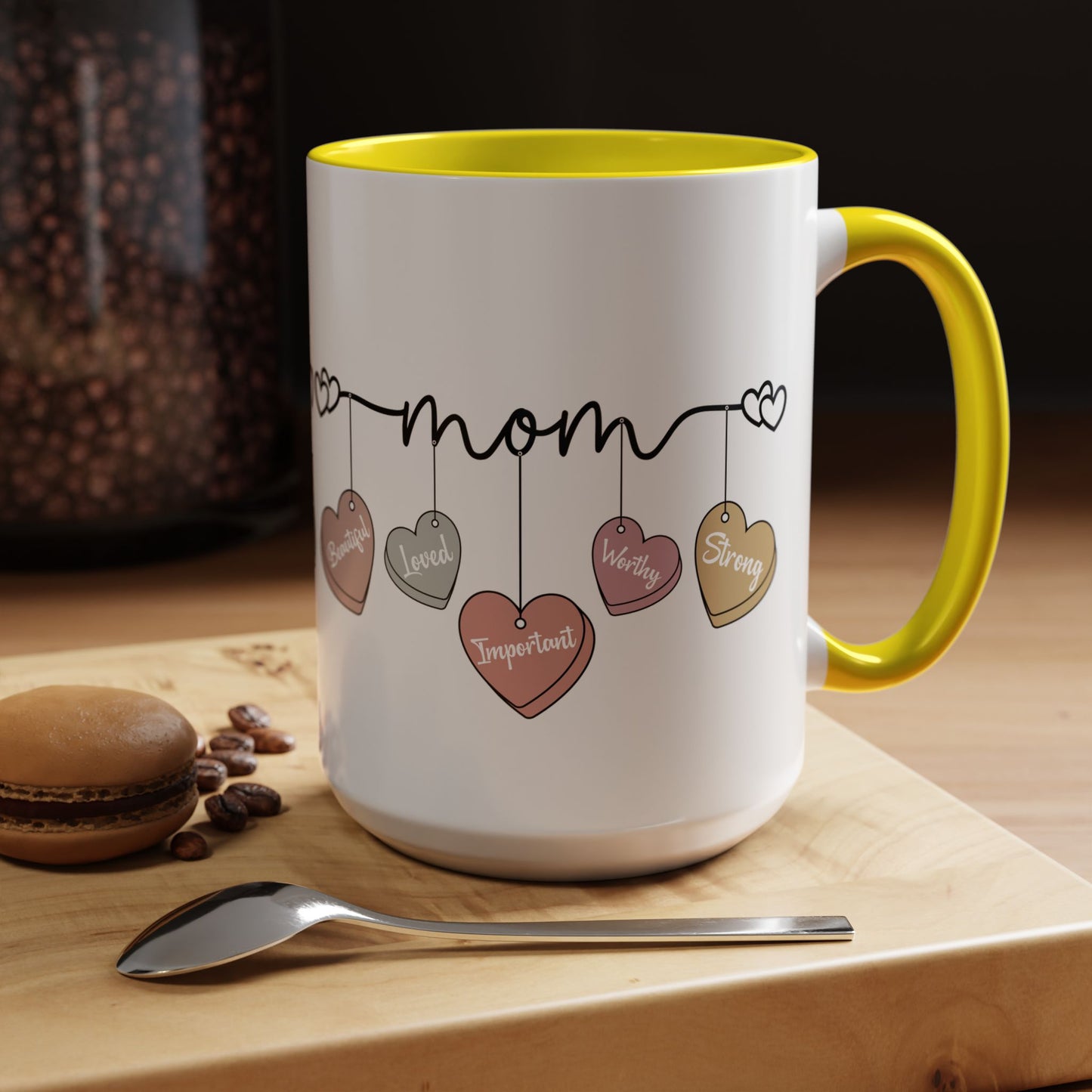 Mother’s Day Heart Charms Accent Coffee Mug — 'Mom' with Loving Words (11/15oz)
