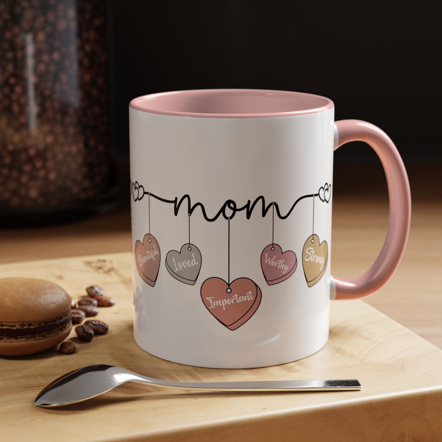 Mother’s Day Heart Charms Accent Coffee Mug — 'Mom' with Loving Words (11/15oz)