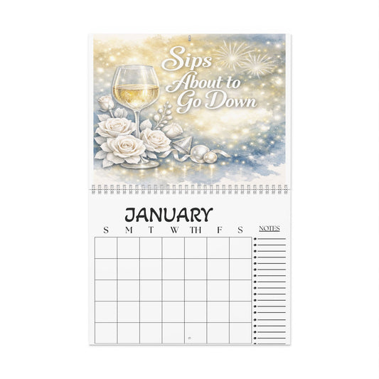 Sips About to Go Down Wall Calendar — Elegant Wine-Themed Monthly Planner