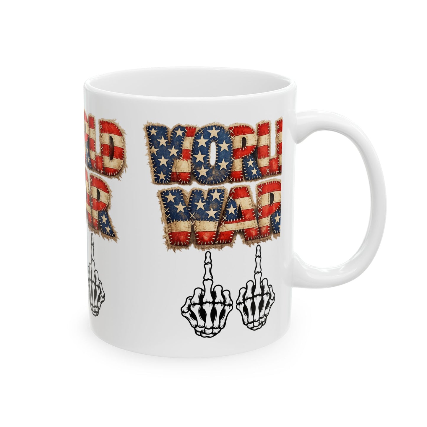 World War 11 Mug – Patriotic Distressed Flag Text with Skeletal Middle Finger Coffee Cup
