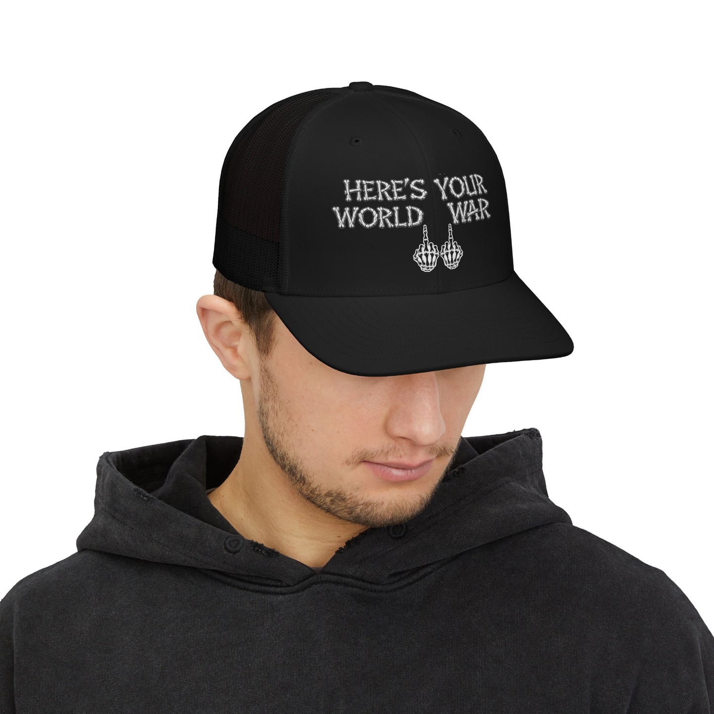 Trucker Cap — "Here’s Your World War 11" Bold Graphic Mesh Snapback