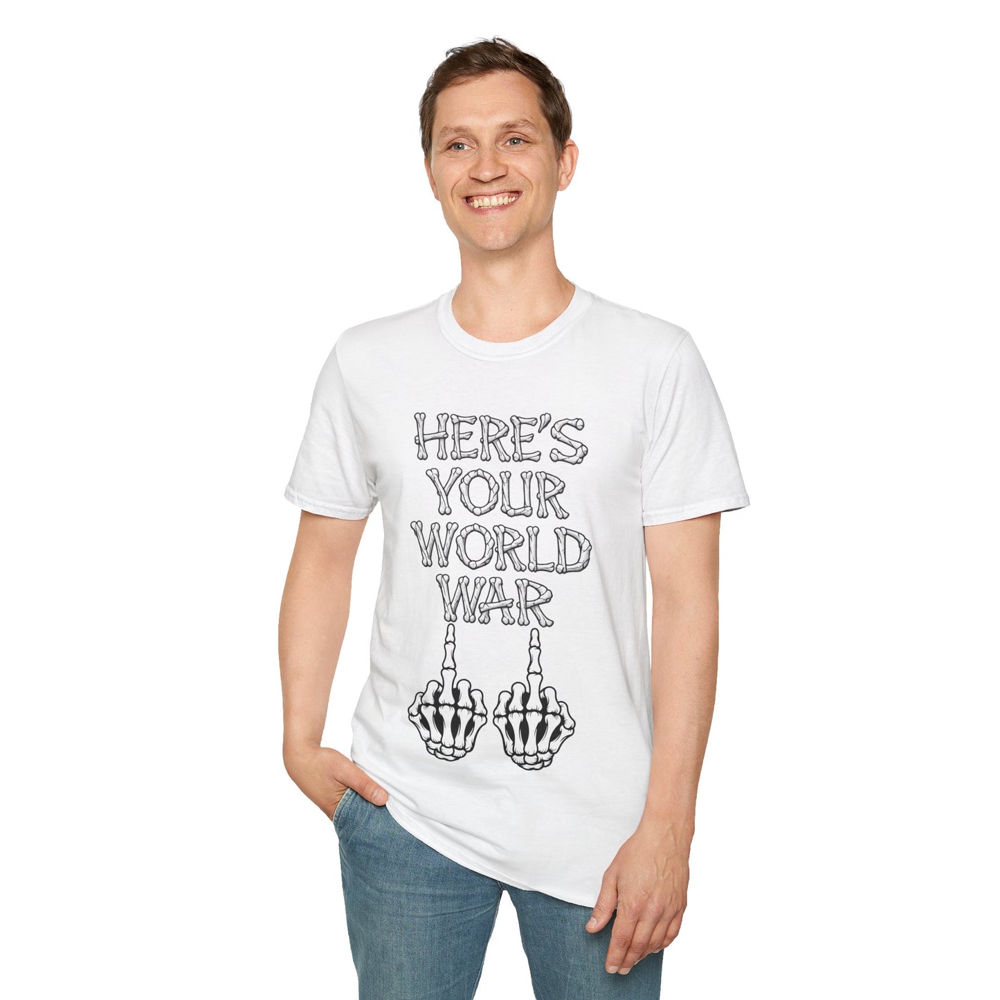 Here's Your World War T-Shirt — Edgy Skeleton Middle Finger Graphic Tee