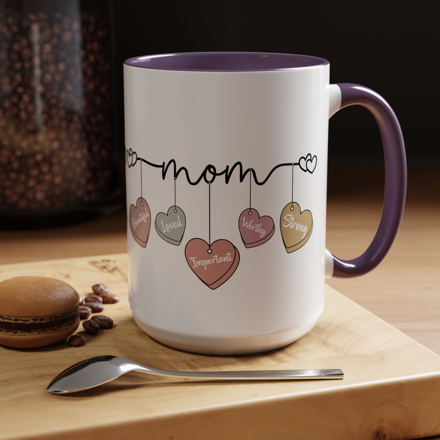 Mother’s Day Heart Charms Accent Coffee Mug — 'Mom' with Loving Words (11/15oz)
