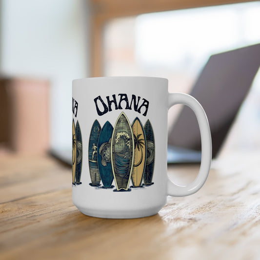 Ohana Surfboard Ceramic Mug - Hawaiian Beach Coffee Cup (11oz/15oz)