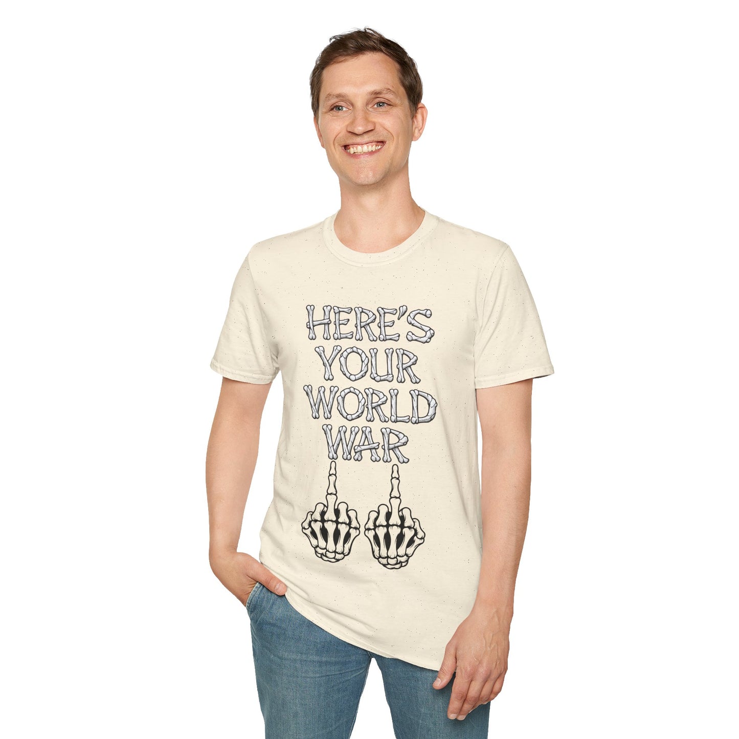 Here's Your World War T-Shirt — Edgy Skeleton Middle Finger Graphic Tee