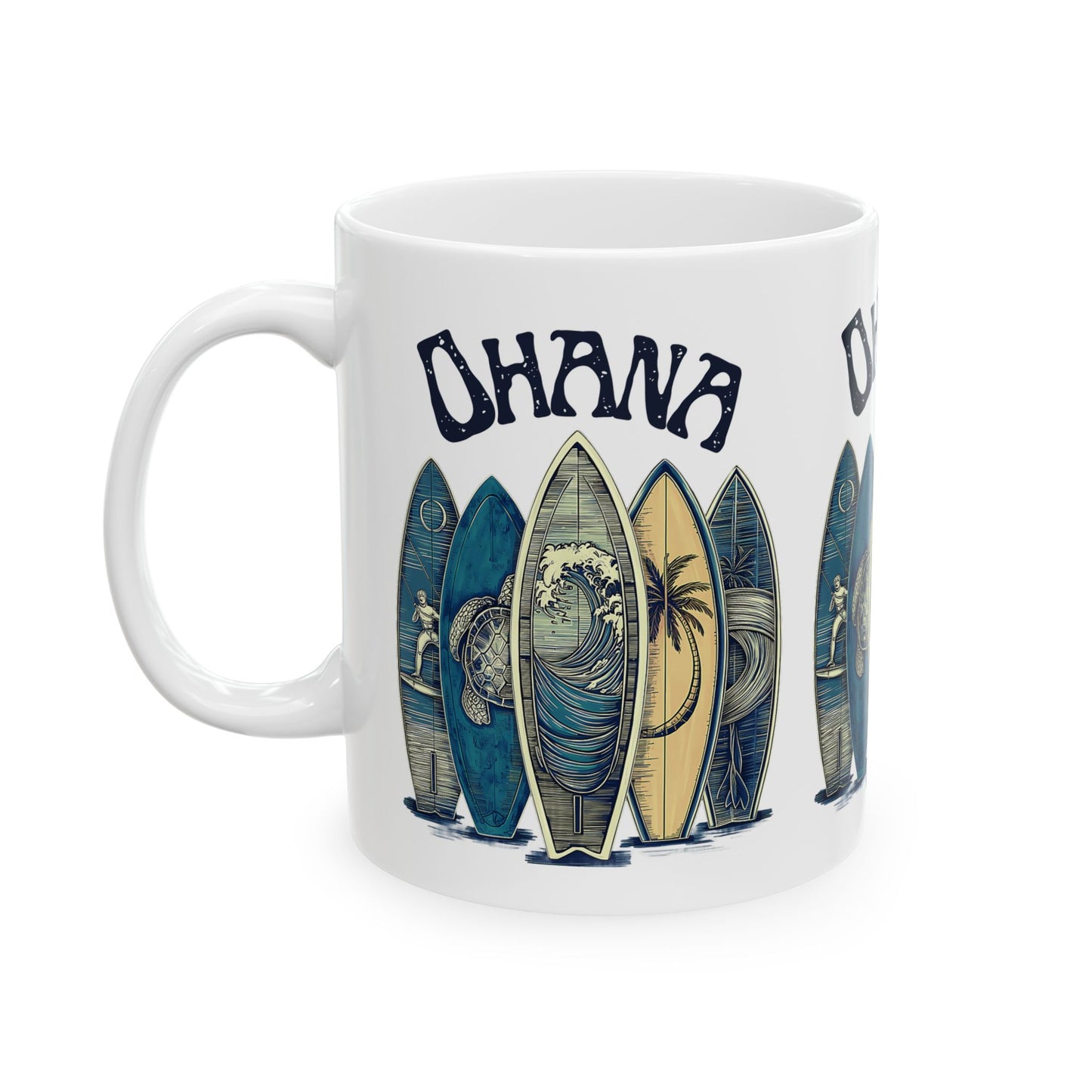 Ohana Surfboard Ceramic Mug - Hawaiian Beach Coffee Cup (11oz/15oz)
