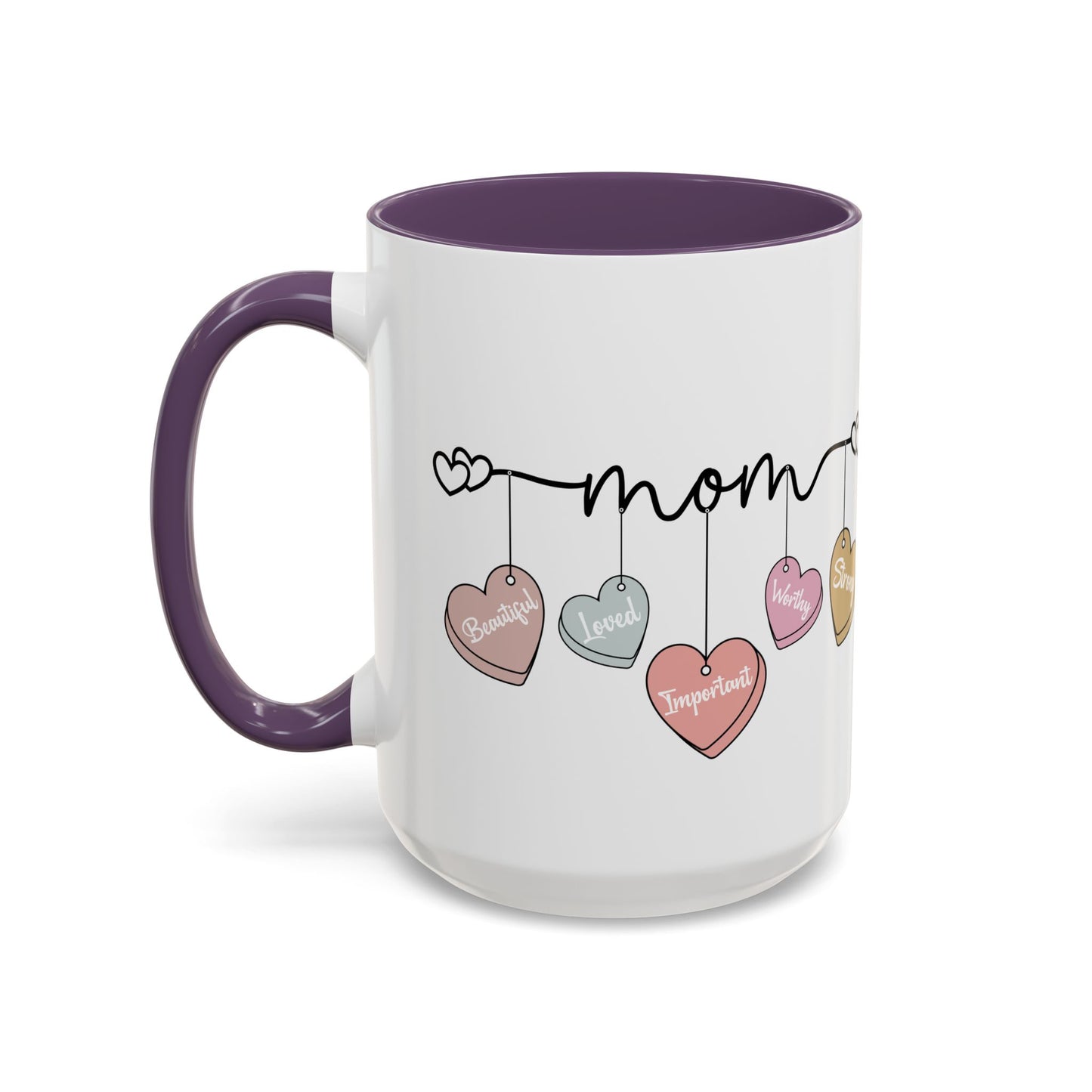 Mother’s Day Heart Charms Accent Coffee Mug — 'Mom' with Loving Words (11/15oz)