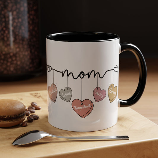 Mother’s Day Heart Charms Accent Coffee Mug — 'Mom' with Loving Words (11/15oz)