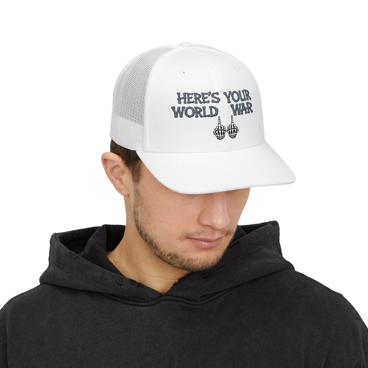 Trucker Cap — "Here’s Your World War 11" Bold Graphic Mesh Snapback