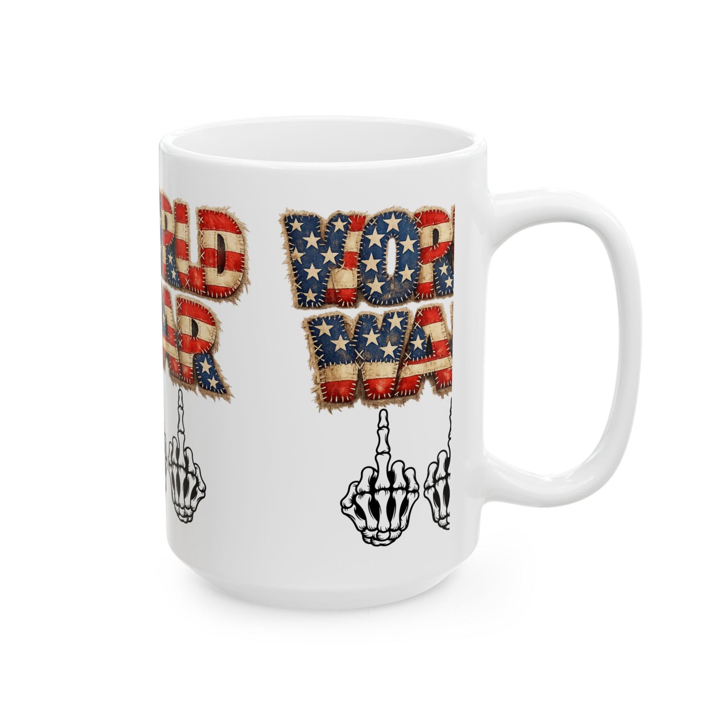 World War 11 Mug – Patriotic Distressed Flag Text with Skeletal Middle Finger Coffee Cup