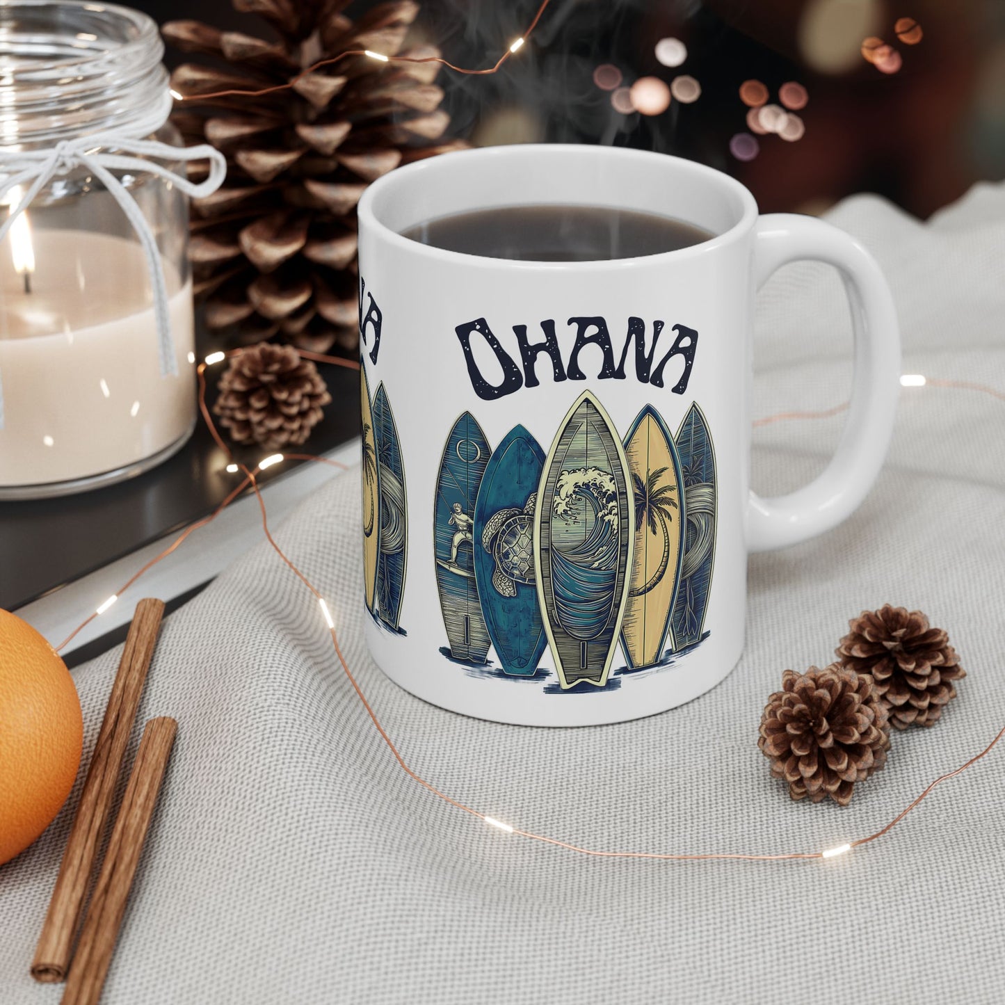 Ohana Surfboard Ceramic Mug - Hawaiian Beach Coffee Cup (11oz/15oz)