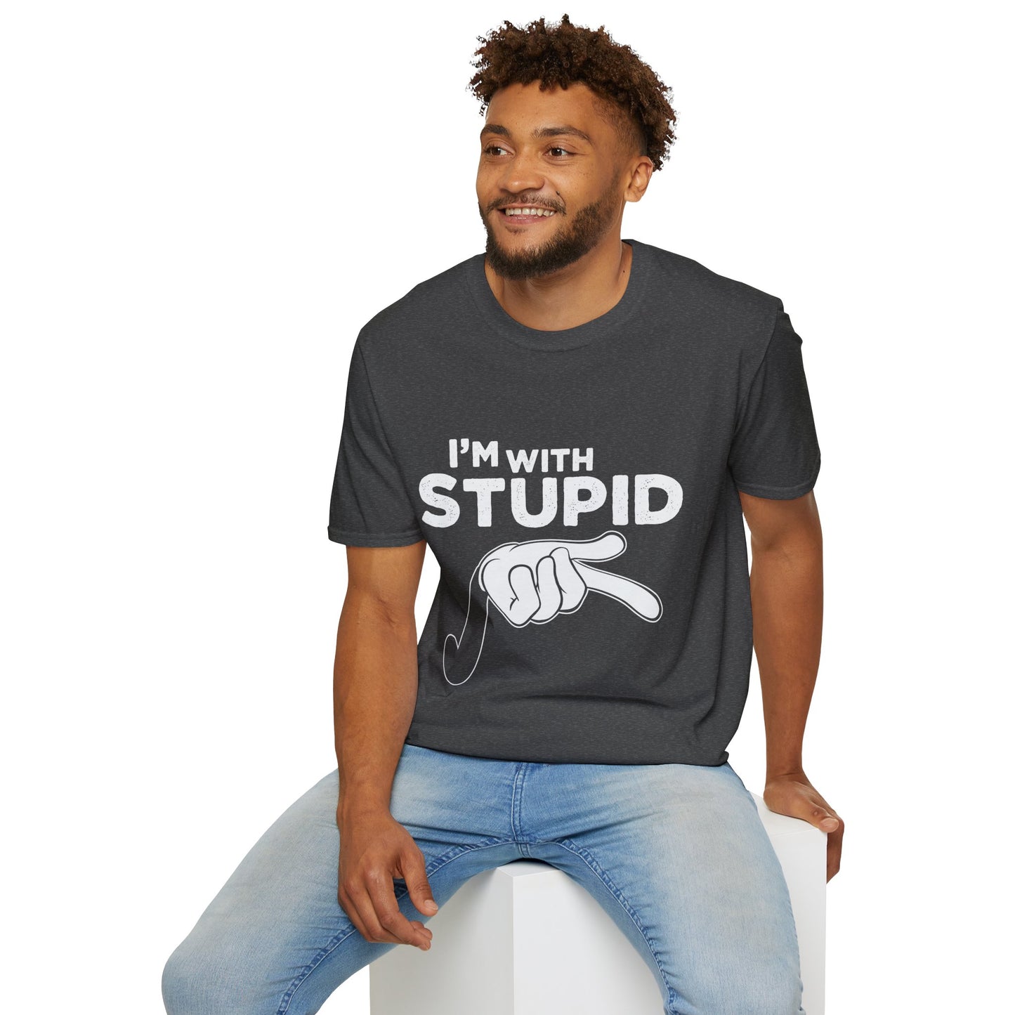 I’m With Stupid T-Shirt — Funny Graphic Tee with Pointing Hand