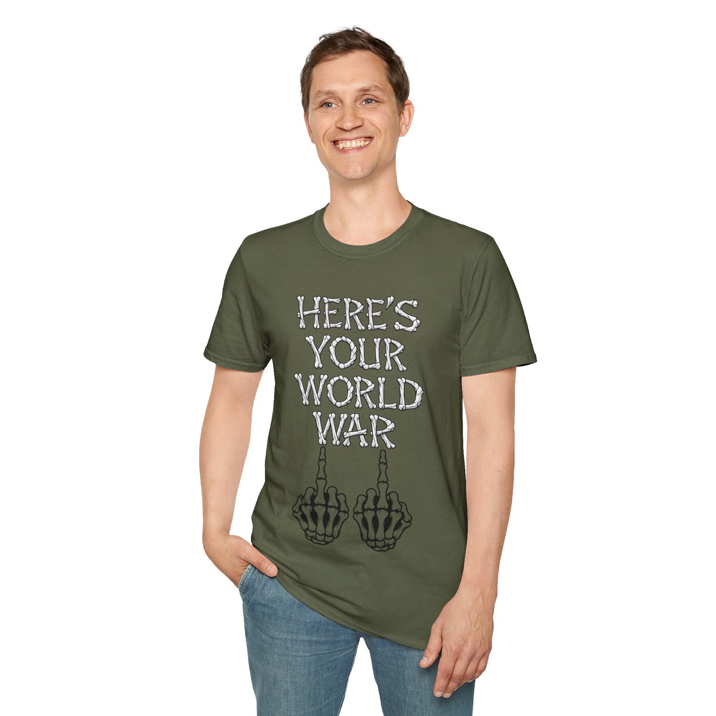 Here's Your World War T-Shirt — Edgy Skeleton Middle Finger Graphic Tee