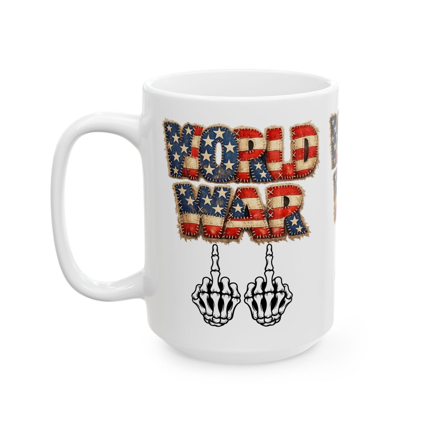 World War 11 Mug – Patriotic Distressed Flag Text with Skeletal Middle Finger Coffee Cup