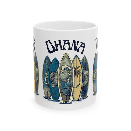 Ohana Surfboard Ceramic Mug - Hawaiian Beach Coffee Cup (11oz/15oz)